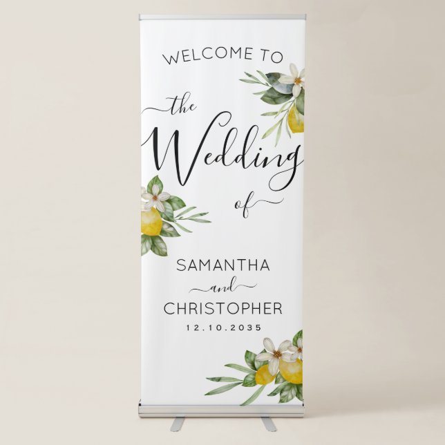 Modern Lemons & Foliage Wedding Welcome Retractable Banner (Front)