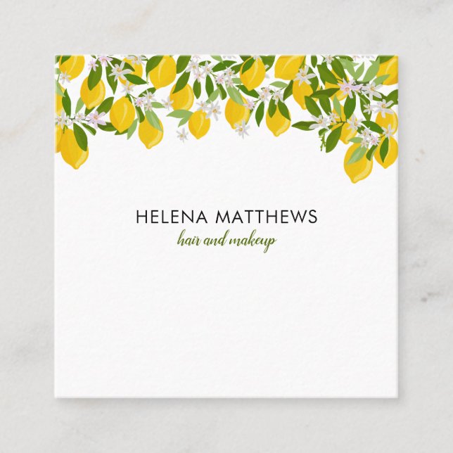 Modern Lemons Greenery Square Business Card (Front)
