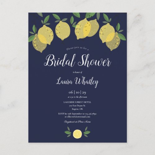 Modern Lemons Navy Blue Bridal Shower Announcement Postcard