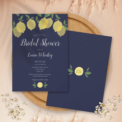 Modern Lemons Navy Blue Bridal Shower Invitation