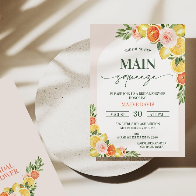 Modern Lemons Oranges Main Squeeze Bridal Shower  Invitation (She's found her main squeeze bridal shower invitation with oranges, lemons, flowers and arch.)