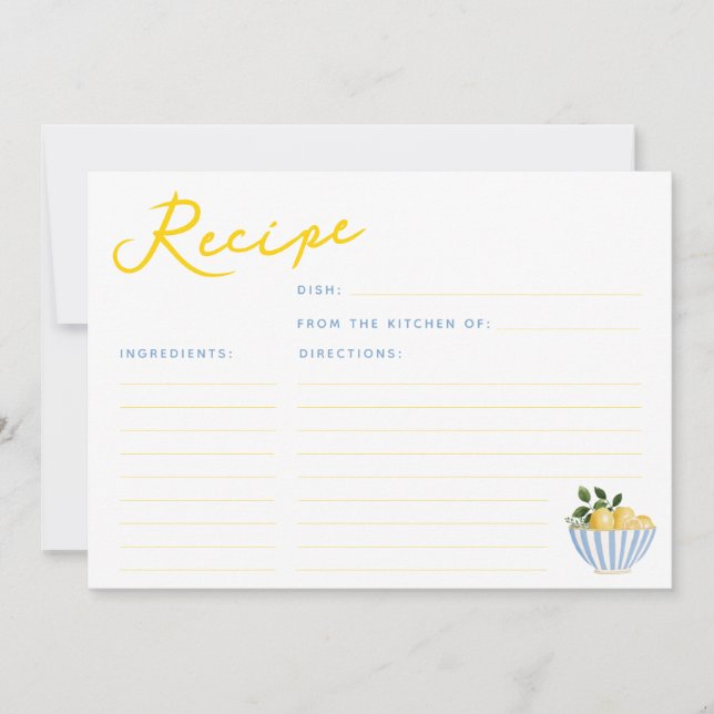 Modern Lemons Yellow and Blue Recipe Card (Front)