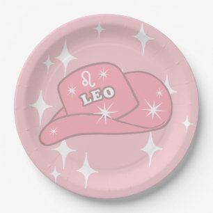 Modern Leo Zodiac Pink Cowgirl Hat Party Paper Plates