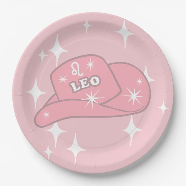Modern Leo Zodiac Pink Cowgirl Hat Party   Paper Plates (Front)
