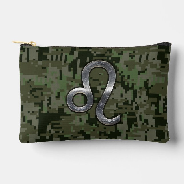 Modern Leo Zodiac Sign on Green Digital Camo Accessory Pouch (Front)