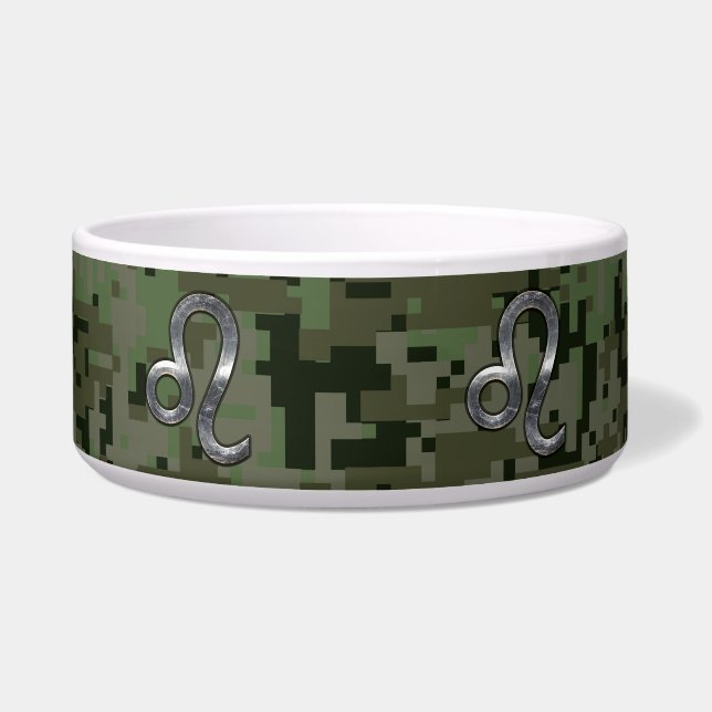 Modern Leo Zodiac Sign on Green Digital Camo Bowl (Front)