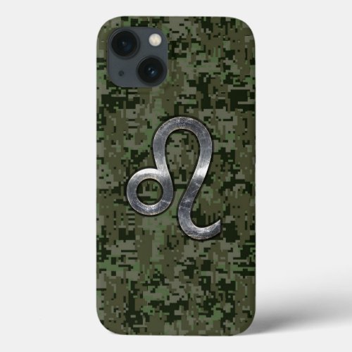 Modern Leo Zodiac Sign on Green Digital Camo iPhone 13 Case