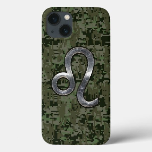 Modern Leo Zodiac Sign on Green Digital Camo iPhone 13 Case