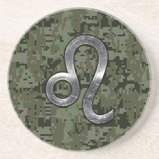 Modern Leo Zodiac Sign on Green Digital Camo Drink Coaster (Front)