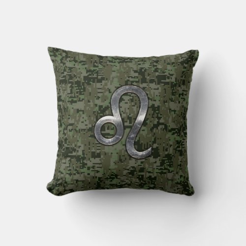 Modern Leo Zodiac Sign on Green Digital Camo Throw Pillow