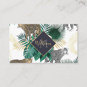 Modern leopard and tropical leaves design business card
