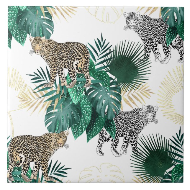 Modern leopard and tropical leaves design ceramic tile (Front)