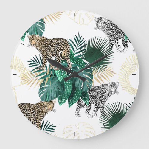 Modern leopard and tropical leaves design large clock