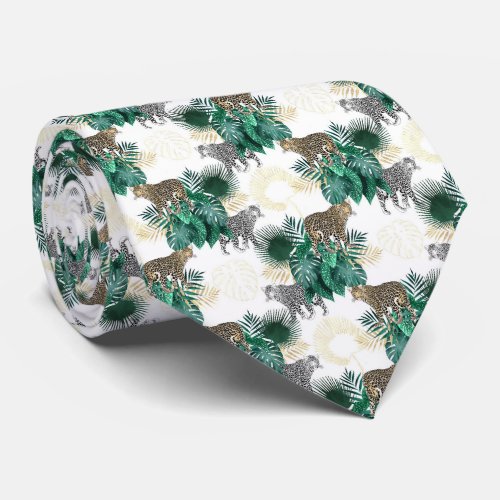 Modern leopard and tropical leaves design neck tie