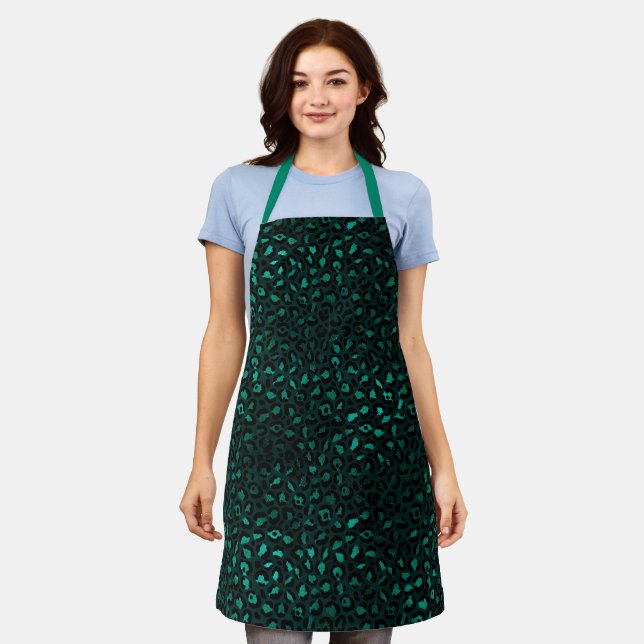 Modern leopard animal print pattern in black, teal apron (Worn)