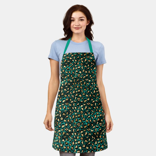 Modern leopard animal print pattern in gold, teal apron (Worn)