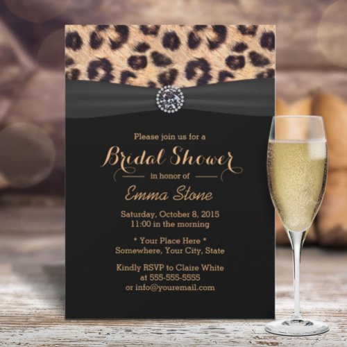 Modern Leopard Black Ribbon Diamond Bridal Shower Invitation