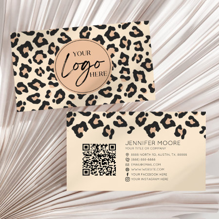 Modern Leopard Cheetah Custom Company Logo Qr Code Business Card