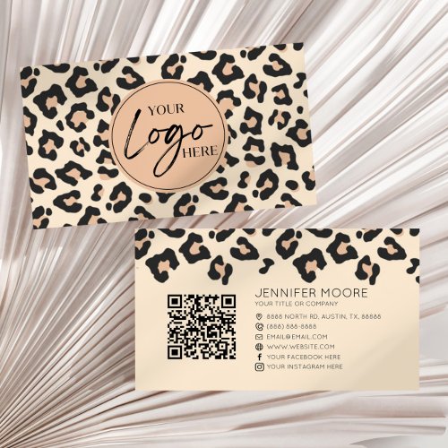 Modern Leopard Cheetah Custom Company Logo QR Code Business Card