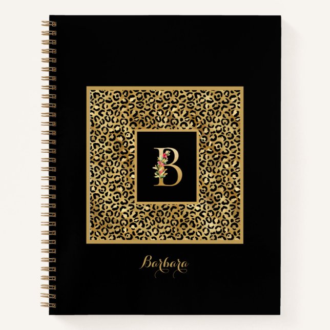 Modern Leopard Gold Personal Monogram Letter B Notebook (Front)