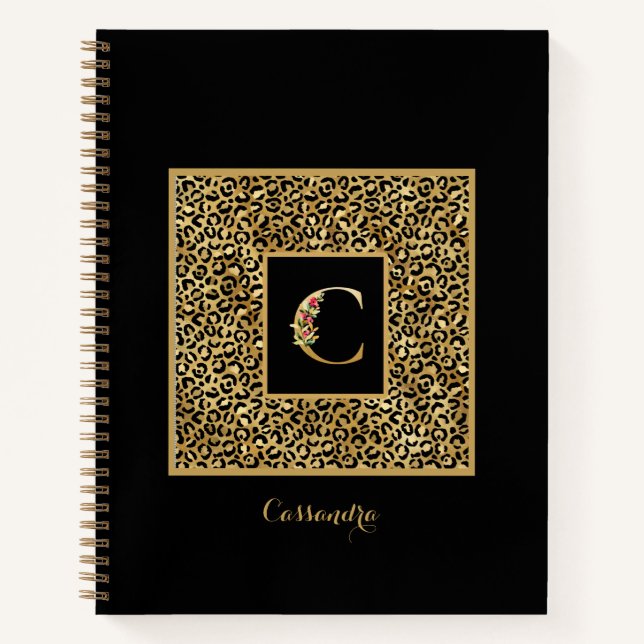 Modern Leopard Gold Personal Monogram Letter C Notebook (Front)