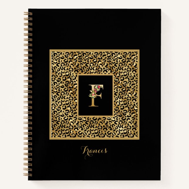 Modern Leopard Gold Personal Monogram Letter F Notebook (Front)