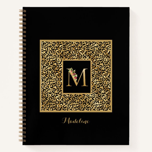 Modern Leopard Gold Personal Monogram Letter M Notebook (Front)