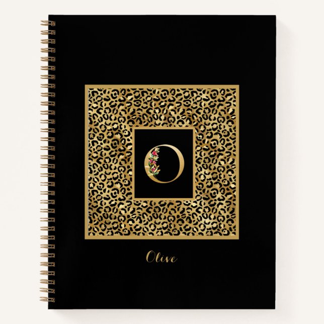 Modern Leopard Gold Personal Monogram Letter O Notebook (Front)