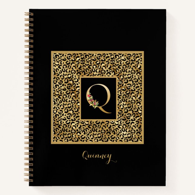 Modern Leopard Gold Personal Monogram Letter Q Notebook (Front)