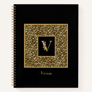 Modern Leopard Gold Personal Monogram Letter V Notebook