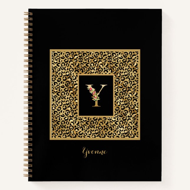Modern Leopard Gold Personal Monogram Letter Y Notebook (Front)