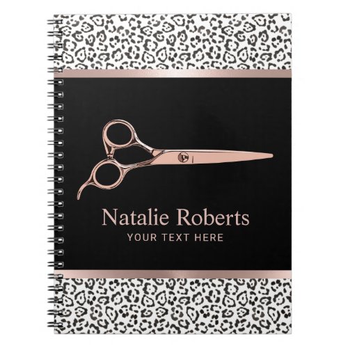 Modern Leopard Hair Stylist Rose Gold Scissor Notebook