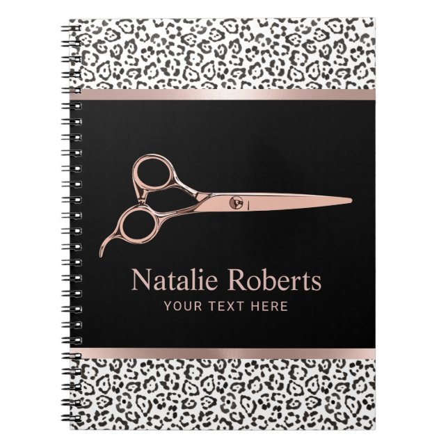 Modern Leopard Hair Stylist Rose Gold Scissor Notebook (Front)