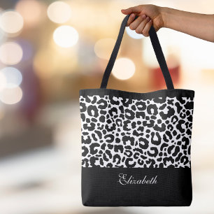 Modern Leopard Monogram Black White Chic   Tote Bag