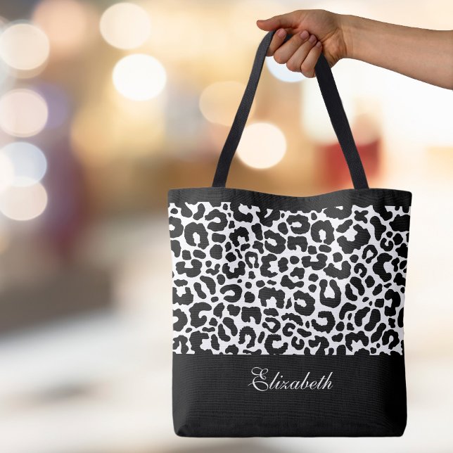 Modern Leopard Monogram Black White Chic   Tote Bag (Cute Leopard Animal Pattern Custom Stylish Calligraphy Black & White Chic Canvas Shopping Tote Bag)