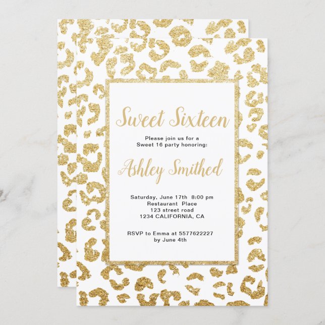 Modern leopard pattern faux gold glitter Sweet 16 Invitation (Front/Back)