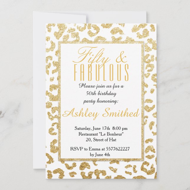Modern leopard pattern gold glitter fabulous 50 invitation (Front)