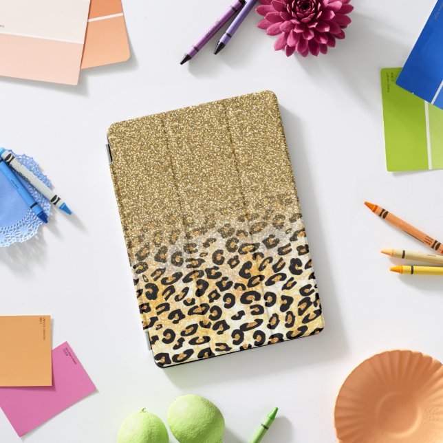  Modern Leopard Pattern Gold Glitter Ombre iPad Pro Cover (Desk)