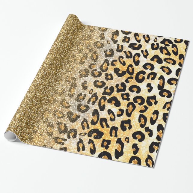  Modern Leopard Pattern Gold Glitter Ombre Wrapping Paper (Unrolled)