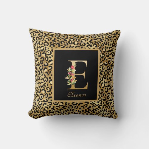 Modern Leopard Personalized Monogram E Initial Throw Pillow