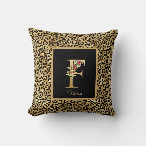 Modern Leopard Personalized Monogram F Initial Throw Pillow