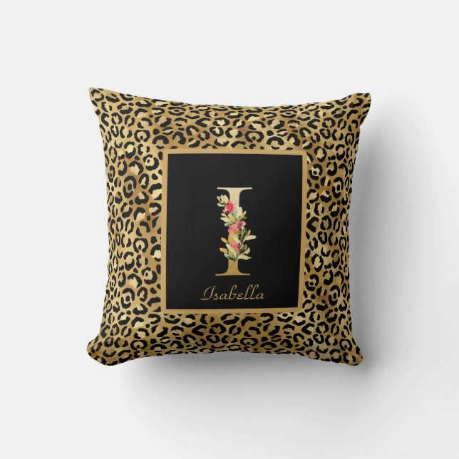 Modern Leopard Personalized Monogram I Initial Throw Pillow (Front)