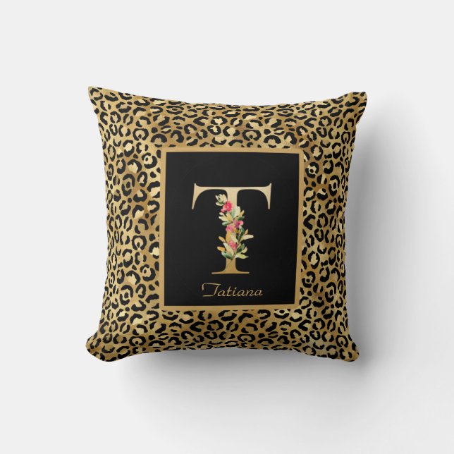 Modern Leopard Personalized Monogram T Initial Throw Pillow (Front)