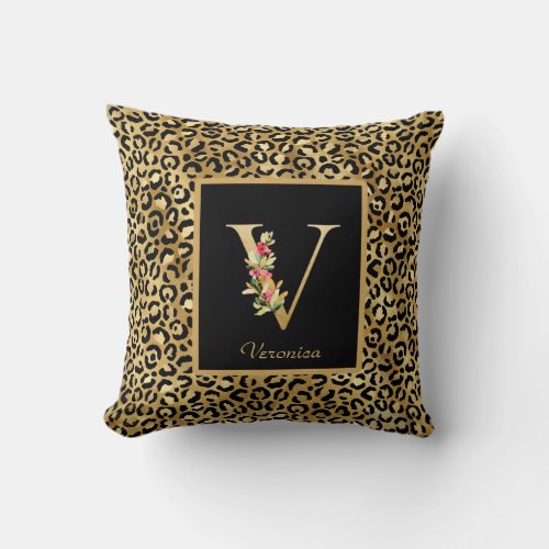 Modern Leopard Personalized Monogram V Initial Throw Pillow