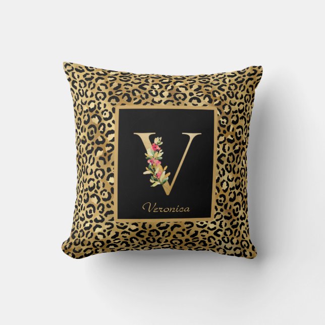 Modern Leopard Personalized Monogram V Initial Throw Pillow (Front)