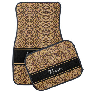 Modern Leopard Print Black Brown Script Monogram Car Floor Mat
