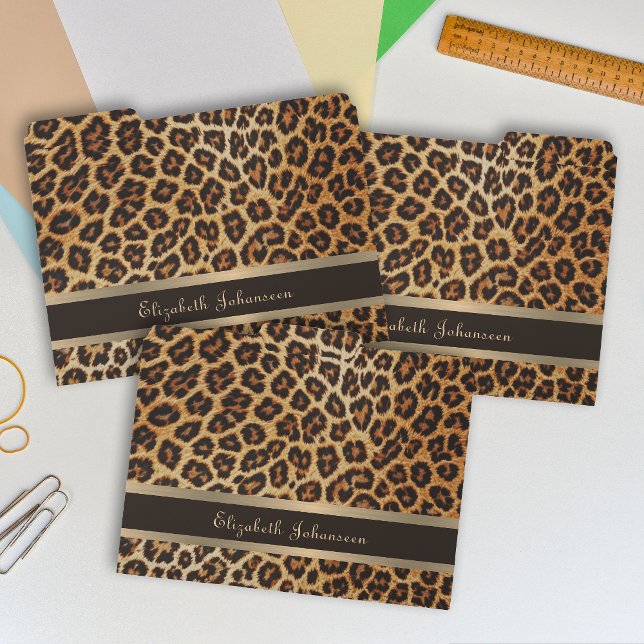Modern Leopard Print Brown & Gold Foil Stripe Name File Folder (Creator Uploaded)