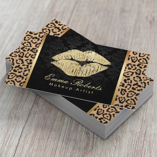 Customizable Gold Kiss Leopard Print Damask Makeup Artist Business Card