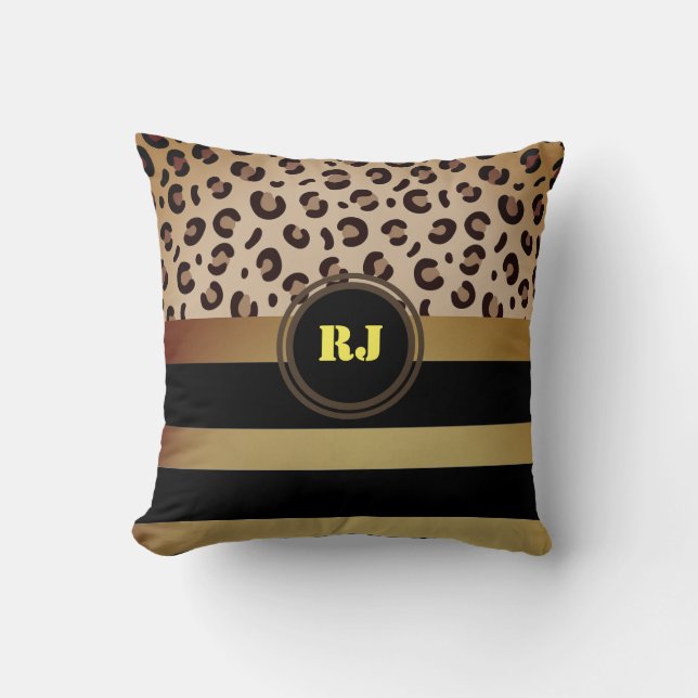 Modern Leopard Print Golden Black Strips Monogram  Throw Pillow (Front)
