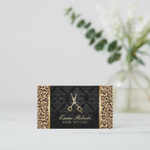 Modern Leopard Print Hair Stylist Gold Scissor Business Card (Standing Front)